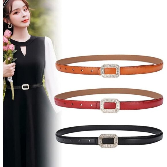 Women Leather Belt with Rhinestone Buckle 115cm Dress Jeans Accessories main image 6